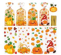 100 Pcs Fall Treat Bags - Plastic Thanksgiving Goodie Bags, Autumn Thanksgivings Maple Leaves Pumpkin Candy Cookie Snack Cellophane Goody Bag with Twist Ties for Fall Gift Wrap Party Favors Supplies
