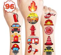 100 PCS Firetruck Fire Truck Firefighter Fireman Temporary Tattoos Themed Birthday Party Decorations Supplies Favors Decor Firehouse Stickers Cute Gifts for Games Boys Girls School Rewards Carnival