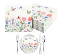 100 Pcs Floral Paper Napkins,Floral Cocktail Napkins Paper 2 Ply (6.5x6.5") Disposable Paper Butterfly Wild Flower Dessert Napkin,Floral Napkins for Tableware Party Supplies