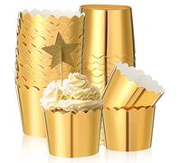 100 Pcs Foil Cupcake Liners Sturdy Muffin Baking Cups Cupcake Wrappers for Christmas Wedding Birthday Party Decoration, 1.93 x 1.8 Inch (Gold)