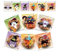 100 Pcs Halloween Candy Bags, Halloween Cellophane Bags, Small Trick or Treat, Self Adhesive Clear Cellophane Treat Bag for Party Supplies, Pastry, Snacks and Goodies