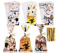 100 Pcs Halloween Cellophane Bags AUERVO Clear Cello Sweet Treat Gift Bags, Pumpkin Spider Ghost Pattern Party Bags with Gold Twist Ties for Halloween Party Supplies Decorations