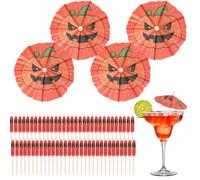 100 Pcs Halloween Cocktail Sticks 4 Inch Pumpkin Mini Drink Umbrella Picks | Toothpicks Umbrella for Appetizers Cocktail Picks for Fruit Food Cupcake Halloween Party Supplies Holiday Decorations