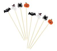 100 Pcs Halloween Cocktail Sticks Wooden Skewers with Ghosts Hats Snowman Bats Pumpkin Ornament Appetizer Fruit Canape Finger Food Picks Creepy Halloween Spoof Party Decoration Indoor Outdoor