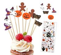 100 pcs Halloween Cocktail Wooden Sticks, With Halloween Glass Stickers, Ghost Spider Pumpkin Finger Food Skewers, Cocktail Sticks for Cake Decoration, Muffin, Toothpicks for Dessert