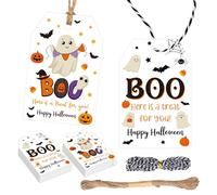 100 Pcs Halloween Tag Decoration Ghost Tag With String - Trick or Treat Happy Boo Day for Party Gift Wrapping Candy Bag Decoration