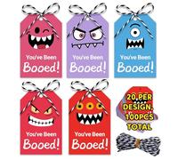 100 Pcs Halloween Tags with String, You've Been Booed Gift Tags, Happy Halloween Tag for Goodie Bags, Funny Boo Bags Hanging Candy Bag Wrap Tag Trick or Treat Party Favor Decoration Supplies