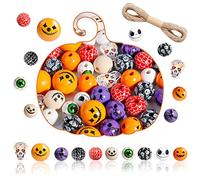 100 PCS Halloween Wooden Beads, 10 Styles Wood Beads for Crafts Round Wood Spacer Beads, Ghost Witch Grimace Cobweb Eyeball Round Beads for DIY Home Decor Halloween Beads with 10M Hemp Rope By HIMM