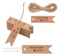 100 PCS Handmade with Love Tags, Brown Paper Hanging Tags with String, Personalized Hand Made Gift Tags for DIY Crafts Candle Tins Wedding Birthday Party Favors