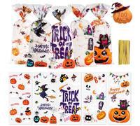 100 Pcs Happy Halloween Cellophane Treat Bags, Trick or Treat Candy Bag, Plastic Pumpkin Ghost Cookie Snack Goodie Goody Bags with Twist Ties for Halloween Gifts Wrap Party Decorations Supplies Favors