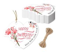 100 Pcs Happy Mother's Day Heart Gift Tags 2 Inches Happy Mother's Day Hanging Paper Tags with String Floral Mothers Day Labels for Mother's Day Gift Wrap Party Favor Decorations