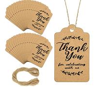 100 Pcs Kraft Gift Paper Tags, 5 x 3 cm Thank You for Celebrating with Us Wedding Labels Rustic Luggage Labels Kraft Gift Tags with String Luggage Tags Brown Card for Name