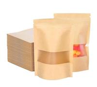 100 Pcs Kraft Pouches With Window, Kraft Bags with Resealable, Stand Up Food Bags for Cookie Tea Candy Nut Spices