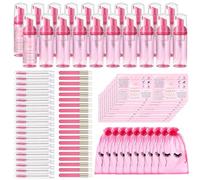100 Pcs Lash Shampoo Bottle Brushes Set 20 Empty Foam Pump Dispensers 20 Label Stickers 20 Mascara Wands Tubes 20 Cleansing Brush 20 Bag for Eyelash Extensions Aftercare(Red Rose)