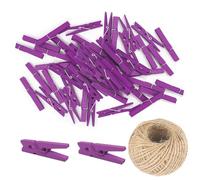 100 Pcs Mini 25mm Natural Wooden Clips Photo Clips Clothespin DIY Wedding Party Wooden Clip Clips Pegs with 98 FT Jute Twine String(Purple)