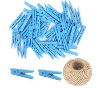 100 pcs Mini 25mm Natural Wooden Clips Photo Clips Clothespin DIY Wedding Party Wooden Clip Clips Pegs with 98 FT Jute Twine String(Blue)