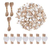 100 Pcs Mini Wooden Heart Pegs, 35mm Wooden Photo Display Clips, Small Wooden Craft Pegs with Heart, Arts Crafts Mini Clips with 30 Meters Jute Twine for DIY Decorations, Cards (White)