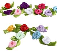 100 Pcs Mixed Color Mini Ribbon Rose Flower Ornament, Satin Fabric Rose Buds with Leaves, Roses Sewing Appliques Trim and Embellishments for Jacket Skirt Art Decor