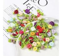 100 Pcs Multicolor Mini Ribbon Rose Flower Ornament, Satin Fabric Rose Buds with Leaves, Mixed Color Roses Sewing Appliques Trim and Embellishments for Jacket Skirt Art Decor Trim & Embellishments