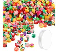 100 Pcs Multicolored Fruits Beads Polymer Clay Fruit Spacer Beads with Crystal Rope for DIY Jewelry Accessories Bracelet Necklace Earrings Craft Making