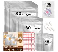 100 PCS Mylar Bags with 100cc Oxygen Absorbers, 3-Size Variety Pack (1 Quart, 1 Pint, 40oz), Stand-up Resealable Zipper & Heat Sealable for Long Term Food Storage, Includes 10 Clips & 120 Labels