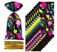 100 Pcs Neon Glow Party Candy Bags Plastic Treat Bags 10.6 x 4.8 Inch Colorful Goodie Bags Glow in the Dark Party Gift Bags Supplies Favors Slime Party with 100 Pieces Twist Ties Decorations