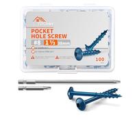 100 PCS No.8 x 38 mm Pocket Hole Screws, Blue Coated Hardened Steel, Washer Head, Square Drive, Coarse Self-Cutting Thread, Includes 50mm & 150mm Bits - Ideal for Wood & DIY Projects