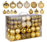 100 Pcs of Assorted Christmas Baubles Ornaments ilauke Shatterproof Decorative Hanging Balls Set with Reusable Hand-held Gift Package for Xmas Hanging Decorations Festival Holiday Decor, Gold