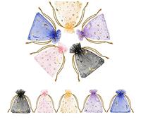 100 Pcs Organza Candy Gift Bags - Small 7x9cm Drawstring Mesh Bags, Moon Star Themed, Wedding Party Valentine's Day Christmas Festival & Eid Mubarak Events