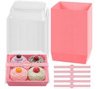 100 Pcs Paper Charcuterie Boxes with Clear Lids, Pink Square Cake Slice Box | Disposable Bakery Boxes Bulk, 13.5 x 12.5 x 6.5 cm Small Takeaway Dessert Containers for Sandwich Macaron Cookies Donuts