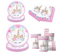 100 Pcs Party Tableware Set, Disposable Tableware for 20 Guests, Unicorn Party Plates with Paper Plates, Cups, Napkins and Straws