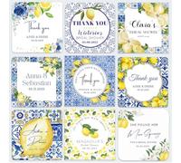 100 Pcs Personalized Lemon Gift Labels, Customizable Blue Tile and Lemon Bridal Shower Stickers, Custom Square Sticker