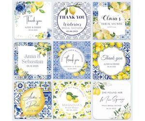 100 Pcs Personalized Lemon Gift Labels, Customizable Blue Tile and Lemon Bridal Shower Stickers, Custom Square Sticker