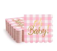 100 Pcs Pink Baby Shower Napkins Plaid Cocktail Napkins Folded 5 x 5 Inches Dessert Disposable Napkins Gold Foil “Oh Baby" Printed Napkins Baby Shower Decorations for Birthday Party Celebrations