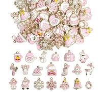 100 Pcs Pink Christmas Charms for Jewelry Making, Metal Christmas Charms Snowflake Santa Metal Bracelet Jewelry Pendants for DIY Holiday Xmas Earring Necklace Craft Ornaments Supplies
