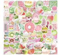 100 Pcs Pink Green Stickers Waterproof Aesthetic Cute Cake Dessert Food Sticker for Water Bottle Bike Laptop Scrapbook Skateboard Car Guitar,Vinyl Funny Animal Plant Decals for Adults Teens
