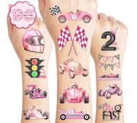 100 PCS Pink Race Car Temporary Tattoos Birthday Party Decorations Supplies Favors Pink Two Fast One 1st Hot Pink Checkered Decor Stickers Gifts For Game Boys Girls Classroom School Prizes Reward