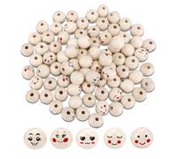 100 Pcs Round Smiley Face Wood Beads, 0.7 Inch Natural Round Spacer Bead with 0.2 Inch Hole for DIY Crafts Hanging Decorations Jewelry Making