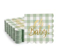 100 Pcs Sage Green Baby Shower Napkin Plaid Cocktail Napkins Folded 5 x 5 Inches Disposable Paper Gold Foil “Oh Baby" Printed Napkins for Birthday Party Celebrations