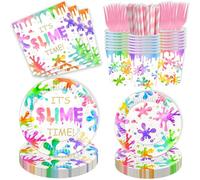 100 Pcs Slime Birthday Party Supplies Decoration, Colorful It's Slime Time Dessert Plates Napkins Paper Cups Straws Tableware Kit for Colorful Slime Splatter Splash Theme Girls Birthday Party Supplies