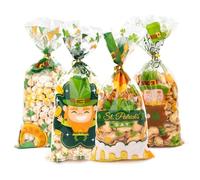 100 Pcs St Patrick's Day Small Cellophane Bags,Shamrocks Cellophane Gift Bags,St Patrick's Day Bags For Sweets,Lucky Shamrock Treat Goodies Candy Bags For Irish St. Patrick's Day Party,13x27.5cm