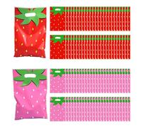 100 PCS Strawberry Goodie Bags with Handles, Plastic Shortcake Party Favors for Wrapping Treat, Pink Red Goody Bags for Candy, Berry Party Gift Wrapping Supplies (100 PCS)