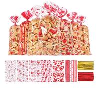 100 PCS Sweet Bags,Valentines Cellophane Bags Heart Sweets Gift Bag with Twist Ties,Valentine Day Decorations for Wedding Engagement Party Galentines Anniversary Christmas Wrap Bag for Candy Cookie