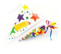 100 Pcs Sweet Cone Bags and 100 Ties, Sweet Cones with Star Pattern, Clear Gift Bags for Candy Cookies Party Snacks, Small Sweet Bag
