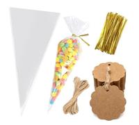 100 PCS Sweet Cone Bags Sets, Crystal Clear Cellophane Treat Bags, Triangle Sweetie Party Favor Cones with Twist Ties, Kraft Tags & Hemp Twine for Halloween, Christmas, Candy Buffets, Baby Shower