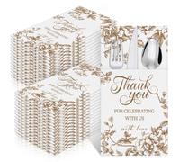 100 Pcs Thank You Wedding Napkins with Built-in Flatware Pocket Brown and White Floral Cocktail Napkins for Guest Reception Disposable Tissues for Bridal Shower Banquet Engagement Party Supplies