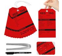 100 PCS Waterproof Red Tags with Wire Plastic 5S Red Tags with Iron Wire & Marking Pen Double-Sided Printing Pre-Punched Holes for Efficient Organizational Markup Tools Workshops & Office Use