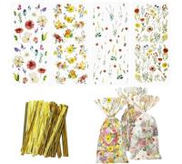 100 PCS Wildflower Party Cellophane Treat Bags 12.5x 27 CM Clear Treat Sweet Goody Bag Resealable Flat Cello Bags with 120 PCS Gold Twist Ties for Homemade Biscuits Gifts Party Favors