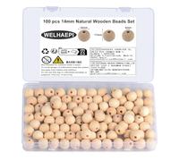 100 Pcs Wooden Beads Set, Natural Round Wood Beads with Storage Box for DIY, Jewelry Craft Making, Crafting, Handmade Decorations, Wooden Decorative Beads (14mm)