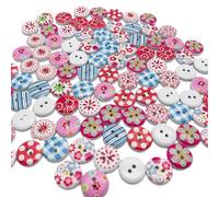 100 Pcs Wooden Buttons for Crafting 15mm Printed Round Button with 2 Holes Assorted Vintage Colourful Floral Buttons for Sewing Knitting Painting DIY Craft Decorations (A)